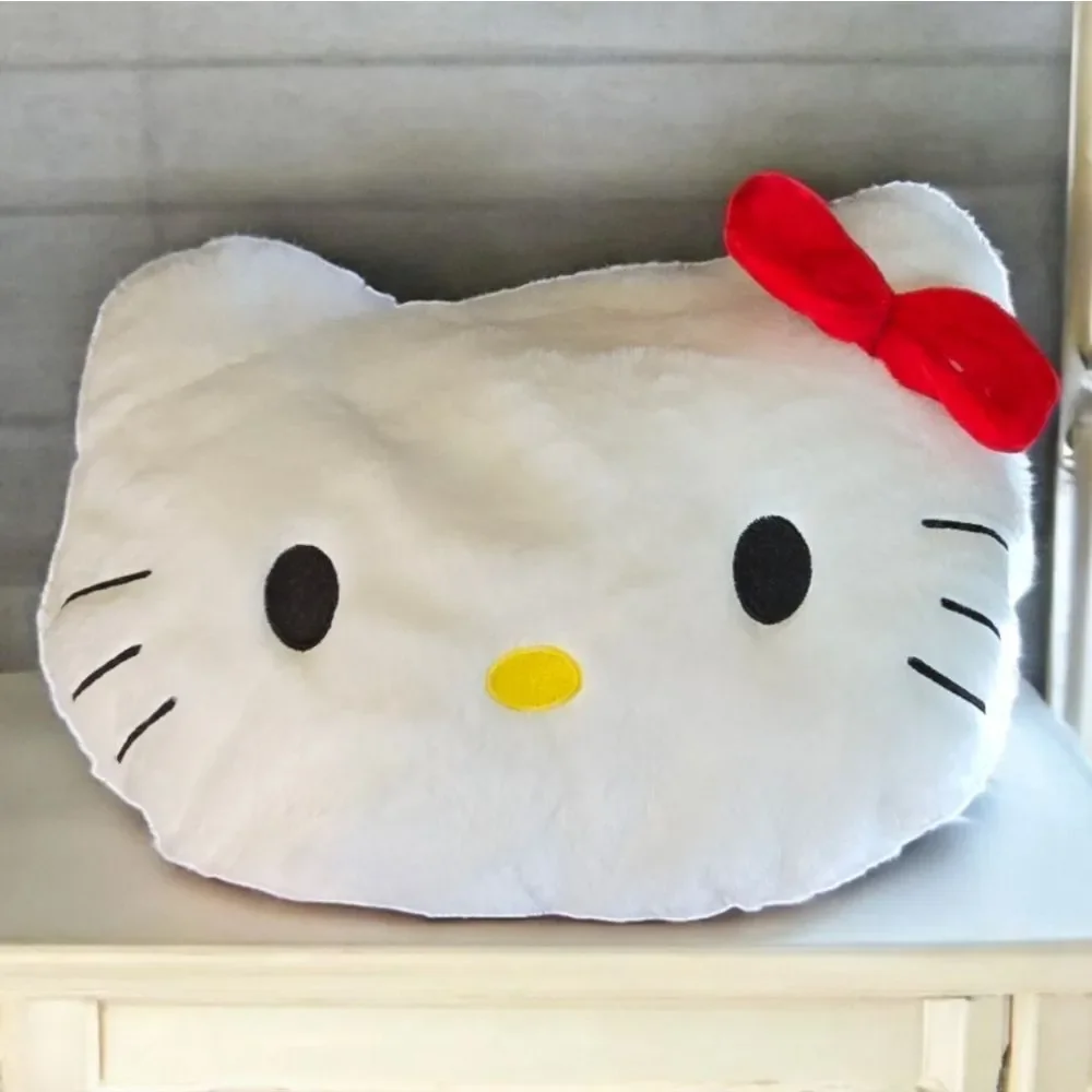 Hello Kitty Plush Faux Fur Throw Pillow White Cat Face Red Bow 13